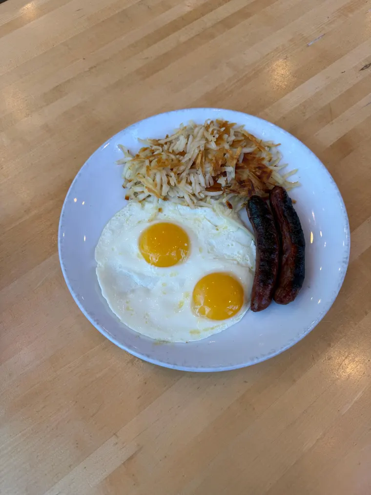 Two Eggs w/ chicken sausage at Yolk City Way Indianapolis